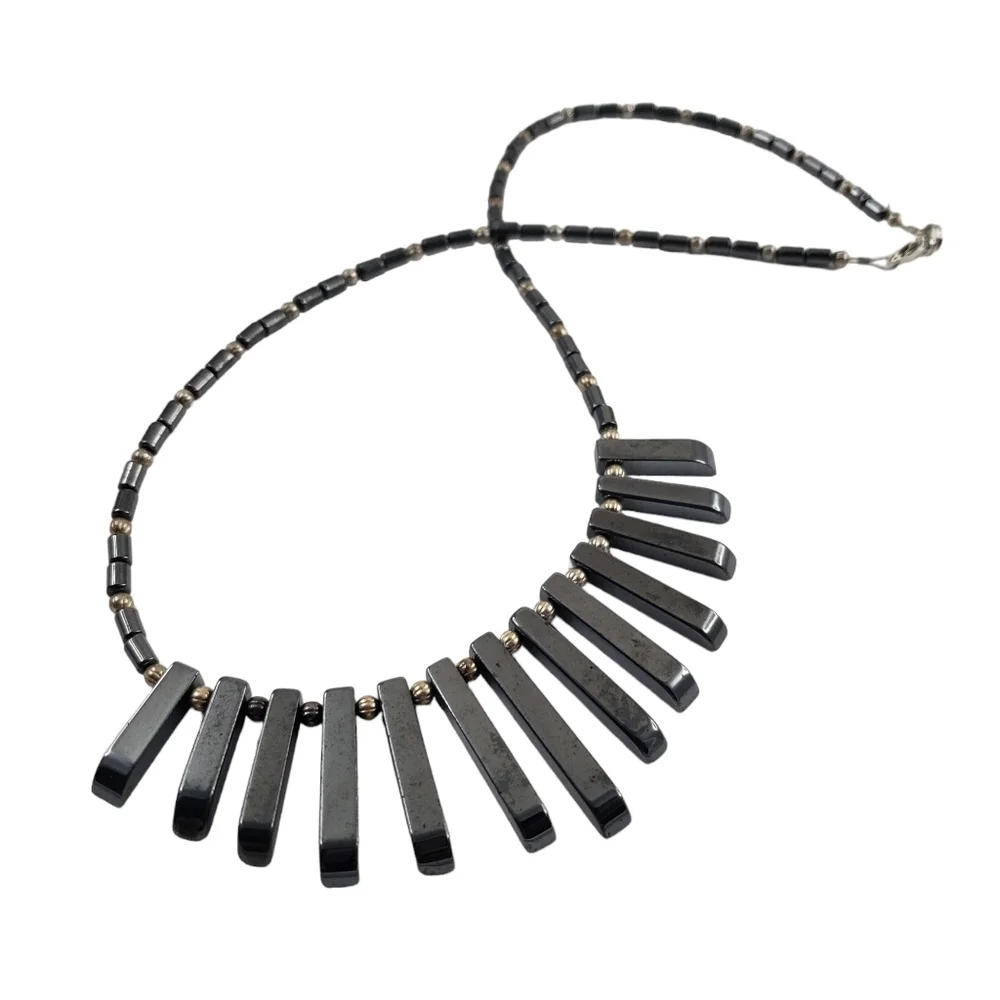 Vintage hematite statement necklace antique silver tone